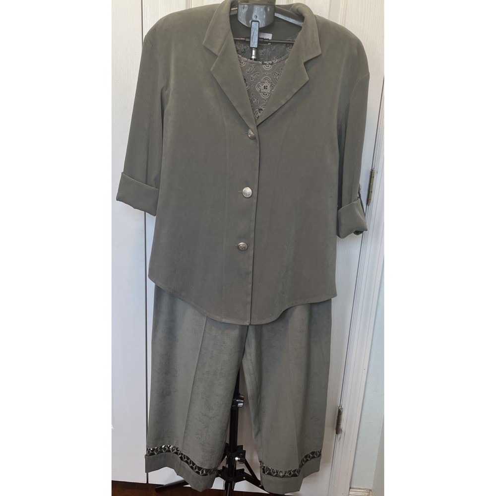 Vintage Ladies Leslie Fay Sage Green Lattice Trim Pant 3 PC Pantsuit Size 12